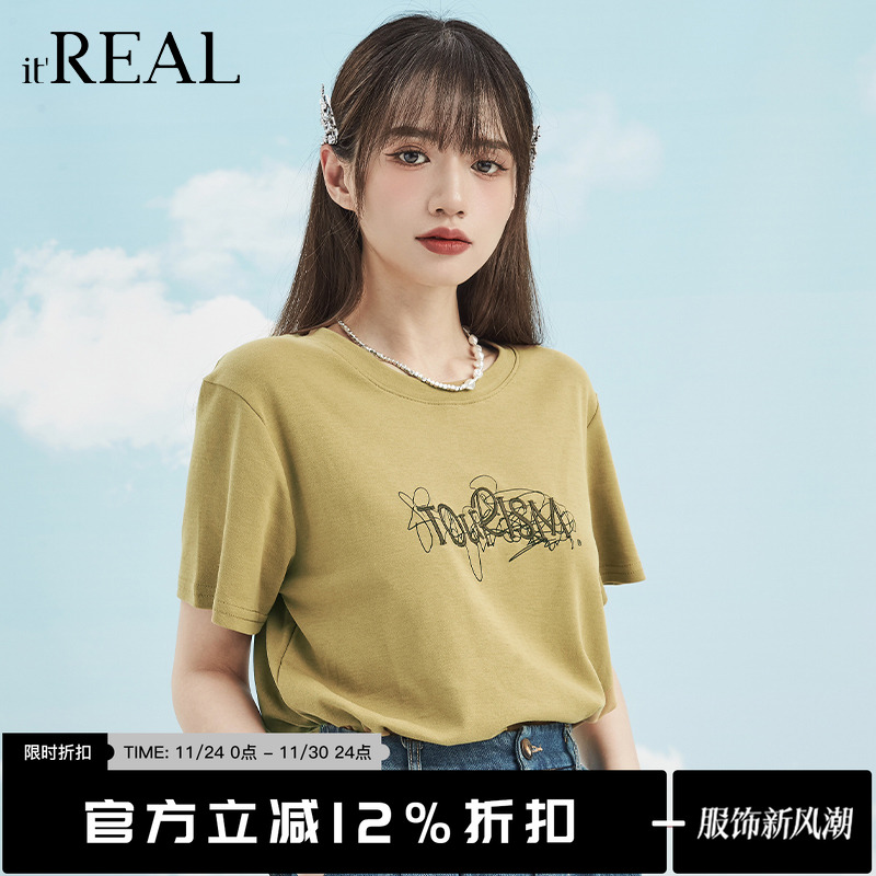 瑞尔短袖美式复古字母短袖上衣