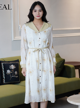 it'real瑞尔法式连衣裙春秋新款收腰复古海军领碎长袖衬衫裙