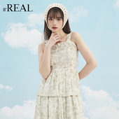 法式 real瑞尔夏新款 复古蛋糕裙扎染碎花边吊带连衣裙子