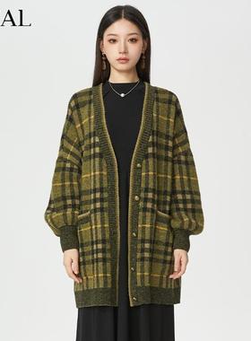 it'real瑞尔冬新款复古混纺格纹针织开衫慵懒风毛织外套女