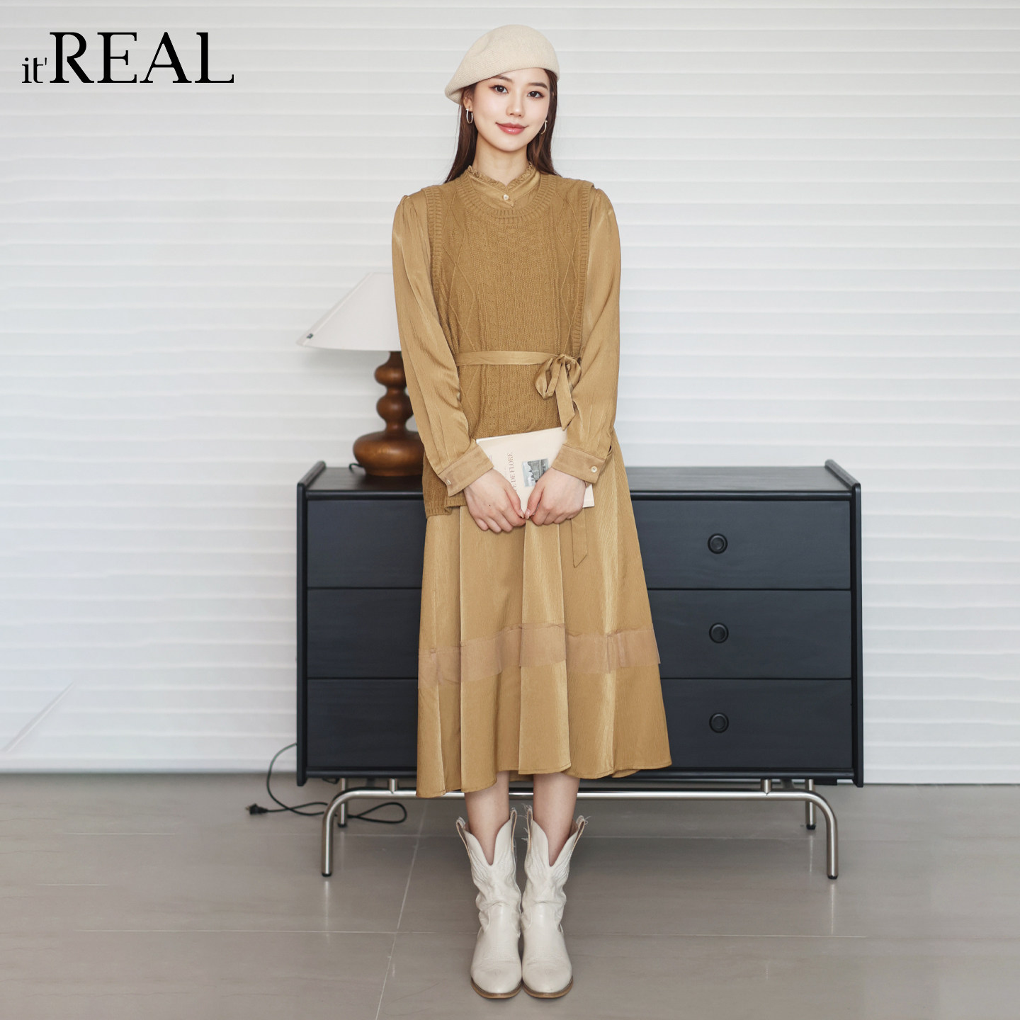 it'real瑞尔25年冬季新款气质两件套系带复古连衣裙女