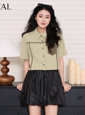 it'real瑞尔夏季新款学院风短袖衬衫轻薄拼接短上衣