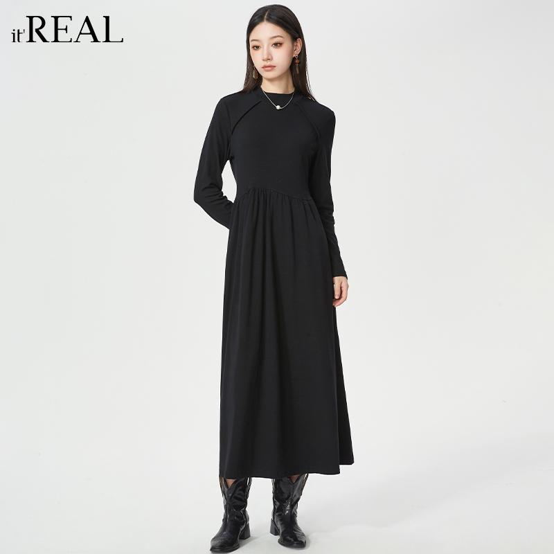 itreal赫本风长袖针织连衣裙