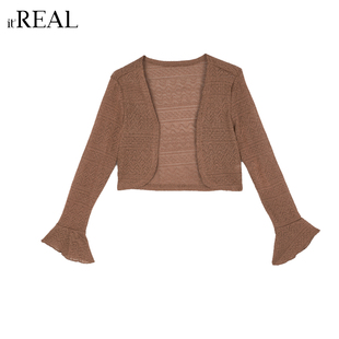 real咖色镂空针织开衫 外搭小坎肩薄款 女修身 喇叭袖 上衣 型短款