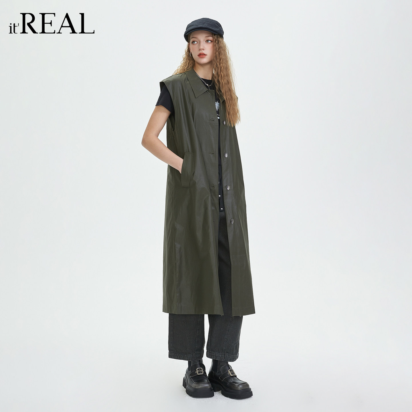it'real通勤风无袖翻领马甲女长款宽松军绿色纽扣开衫背心外套