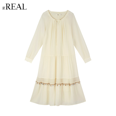 瑞尔翻领抽绳收腰刺绣蛋糕连衣裙