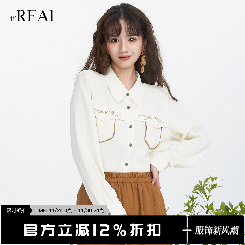 瑞尔复古单排长袖绣花衬衣