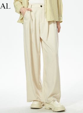 it'real瑞尔秋新款复古白色休闲裤显瘦宽松直筒阔腿裤垂感长裤