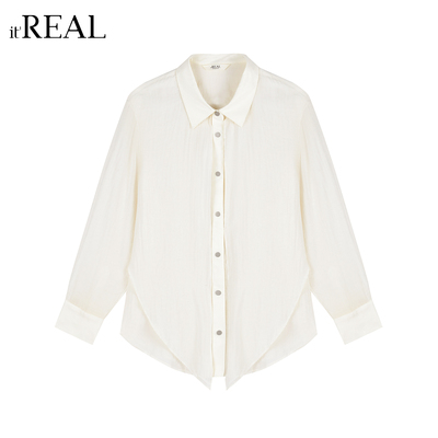 通勤风翻领长袖白色衬衫女宽松