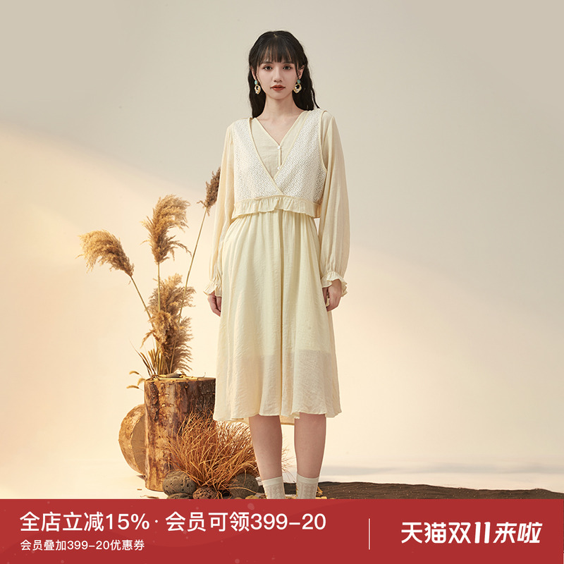 瑞尔复古连衣裙假两件纯色
