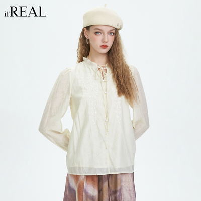 it'real法式温柔风系带刺绣衬衫女长袖宽松气质小众设计感上衣