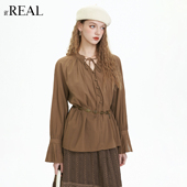 real瑞尔春季 罩衫 新款 复古收腰时尚 风长袖 上衣女装