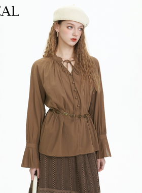 it'real瑞尔春季新款复古收腰时尚风长袖罩衫上衣女装