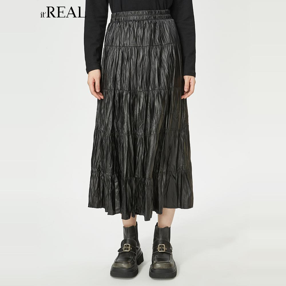 itreal皮褶皱半身裙伞裙中长
