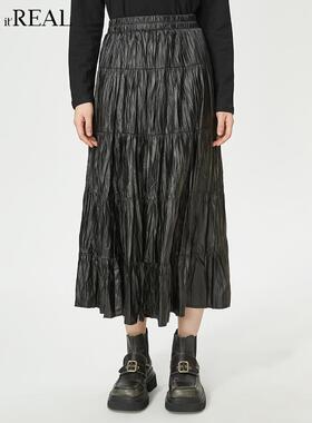 it'real瑞尔冬新款复古pu肌理感大摆长款百褶皮裙子