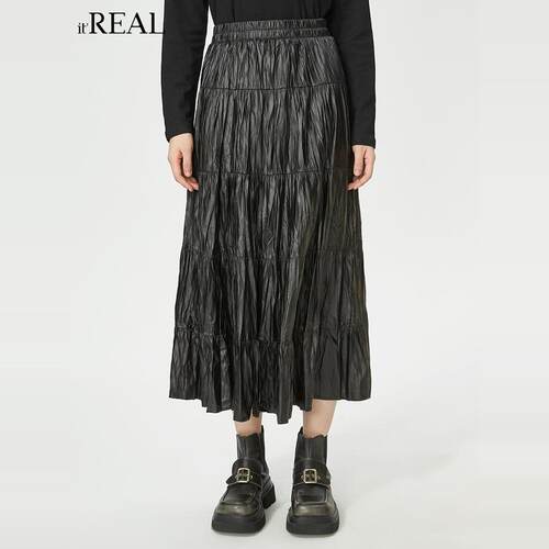 itreal皮褶皱半身裙伞裙中长