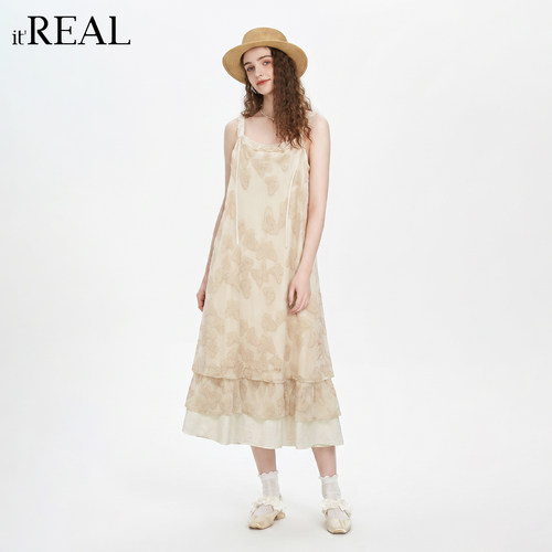 法式蝴蝶提花吊带连衣裙女夏季