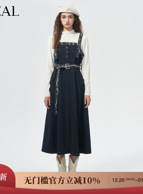 it'real瑞尔冬季新款民族风收腰显瘦中长款背带连衣裙
