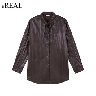 垂感宽松长袖 女春新款 系带皮衬衣通勤外套 real咖色光泽感衬衫