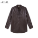 系带皮衬衣通勤外套 垂感宽松长袖 real咖色光泽感衬衫 女春新款
