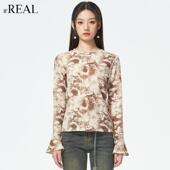 T恤上衣 女晕染氛围感独特长袖 real瑞尔秋新款 小众复古打底衫