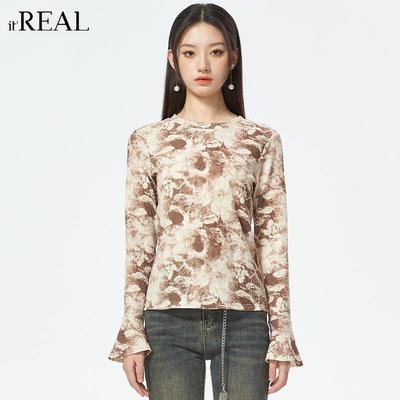 瑞尔复古印花长袖T恤修身显瘦