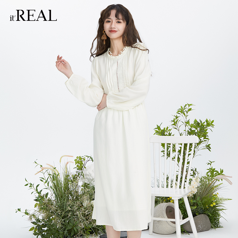 it'real瑞尔圆花边领衬衫连衣裙秋冬法式收腰显瘦休闲A字裙子