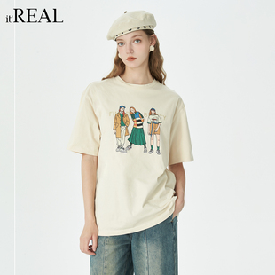 it'real瑞尔秋季新款童趣复古高支精梳纯棉时髦精基础T恤女装