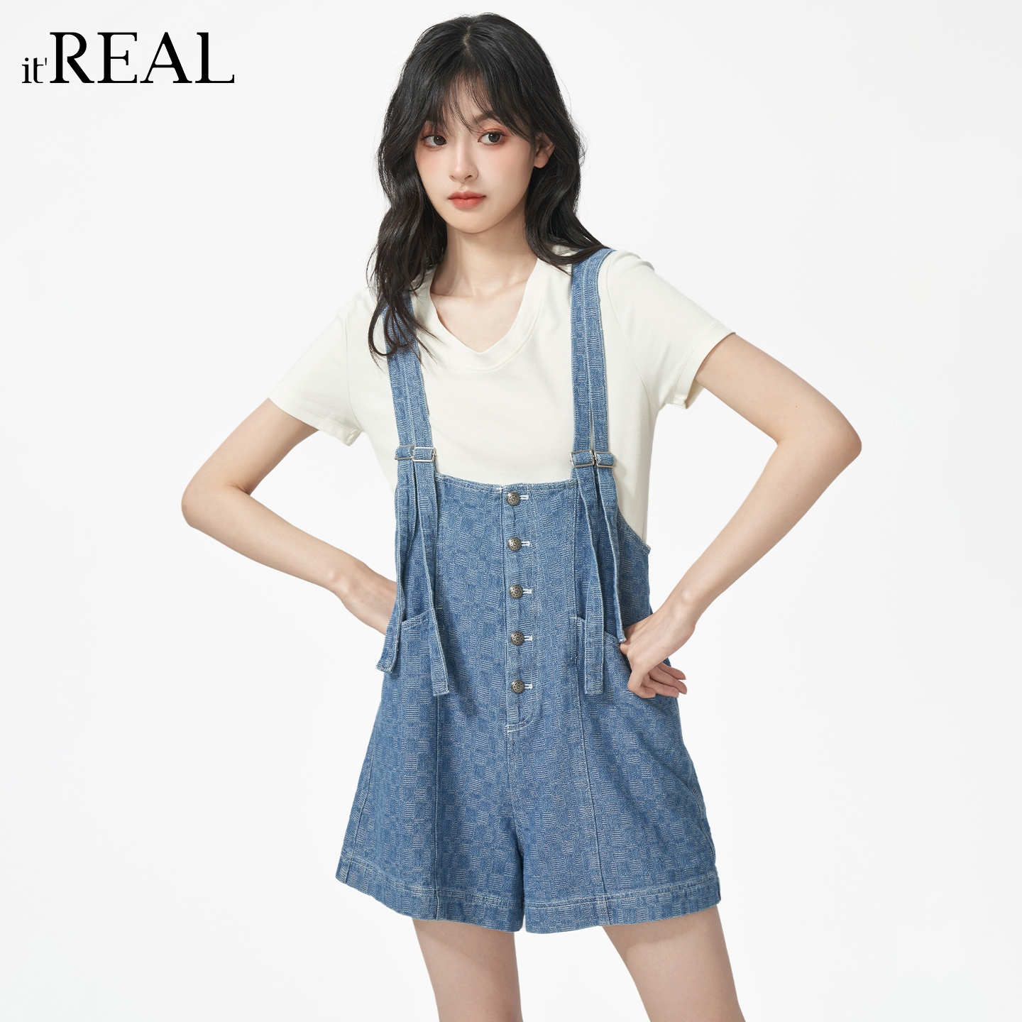 it'real瑞尔美式复古牛仔背带裤女2025春夏新款宽松休闲阔腿短裤