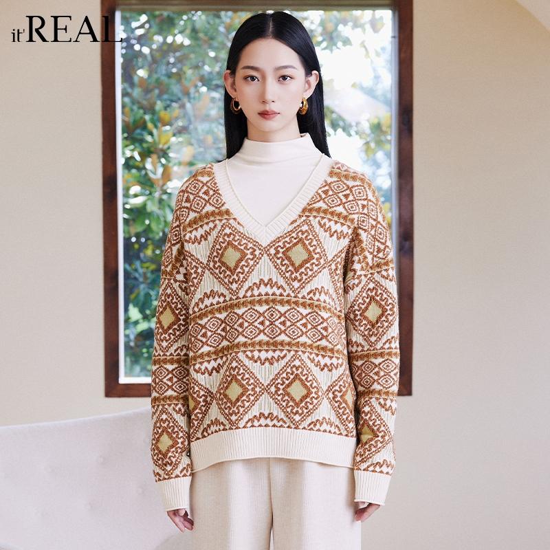 itreal2024冬毛织外套V领长袖