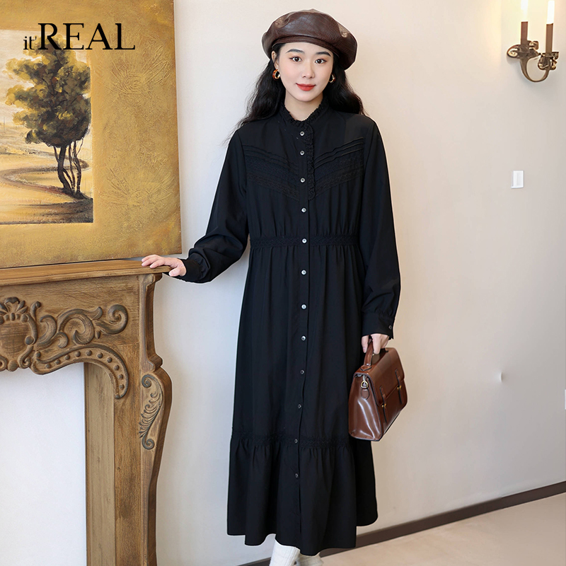 瑞尔复古衬衫裙花边立领