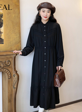 it'real瑞尔春新款花边立领连衣裙女长袖黑色木耳领显瘦中长裙