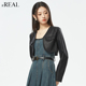 PU短外套女 V领外搭长袖 real瑞尔设计感超短款 皮衣秋冬新款