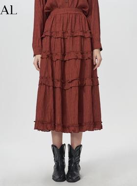 it'real瑞尔法式复古半身裙春季新款木耳边蛋糕裙a字长裙子