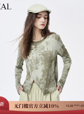 it'real瑞尔冬季圆领时尚复古内搭简约扎染长袖女T恤打底衫