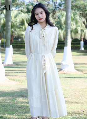 it'real瑞尔鹅黄蝴蝶结花边领连衣裙秋冬款木耳边中长a字裙子