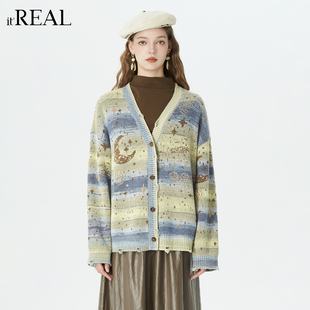 it'real瑞尔秋季新款设计感镂空毛边慵懒感提花针织衫外套女