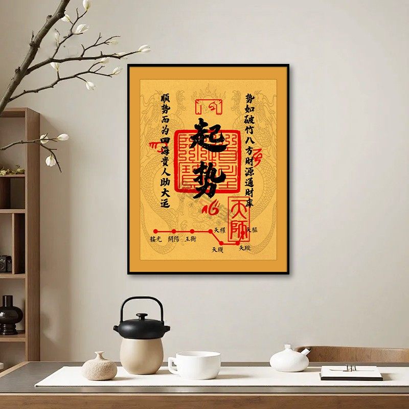 起势唐卡挂画黄财神办公室禅意玄关装饰画客厅壁画中式茶室背景墙