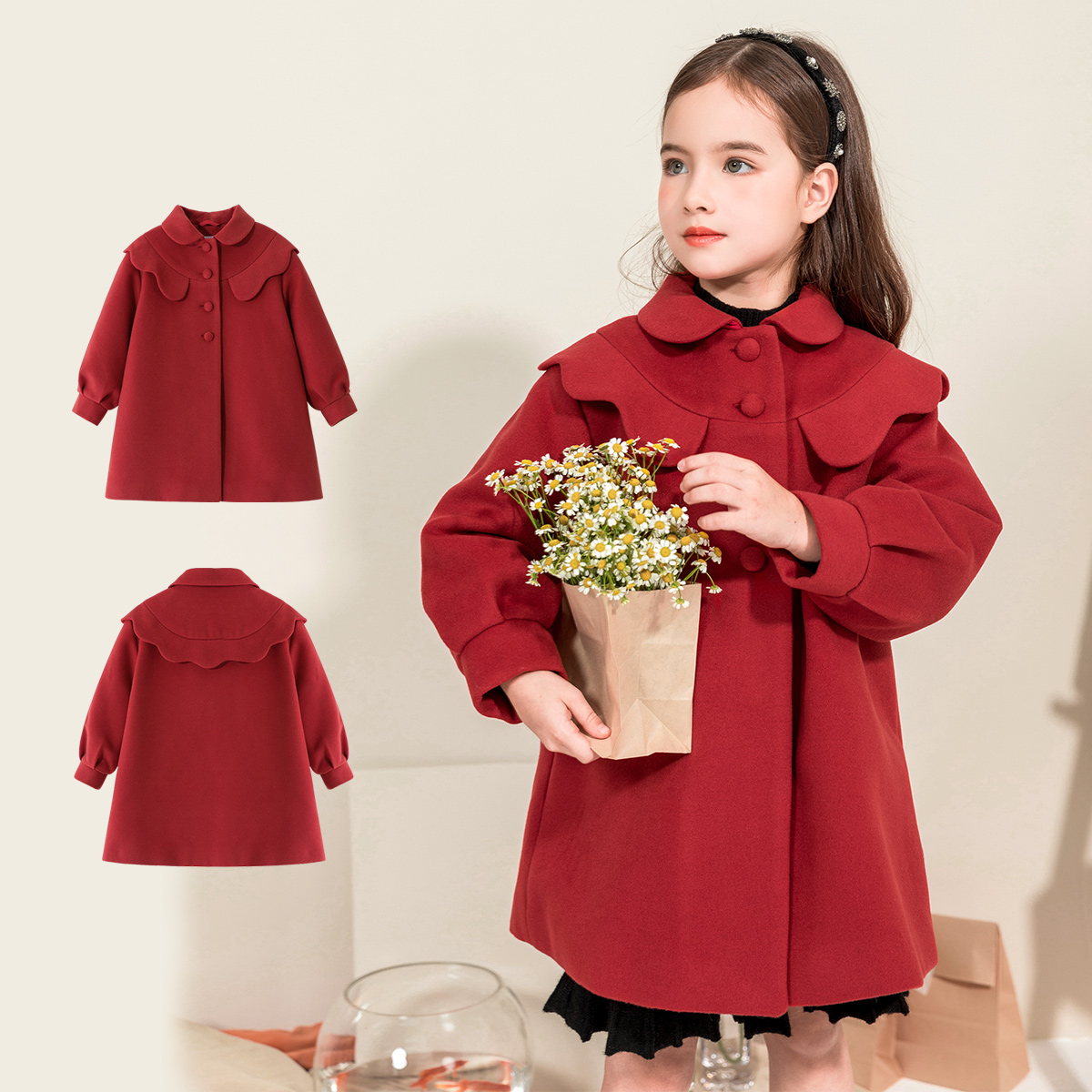 女童加绒加厚毛呢大衣拜年服
