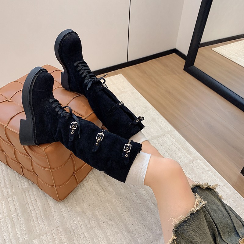 磨砂皮圆头厚底长筒靴女2025秋冬新款不过膝英伦风马丁靴高筒