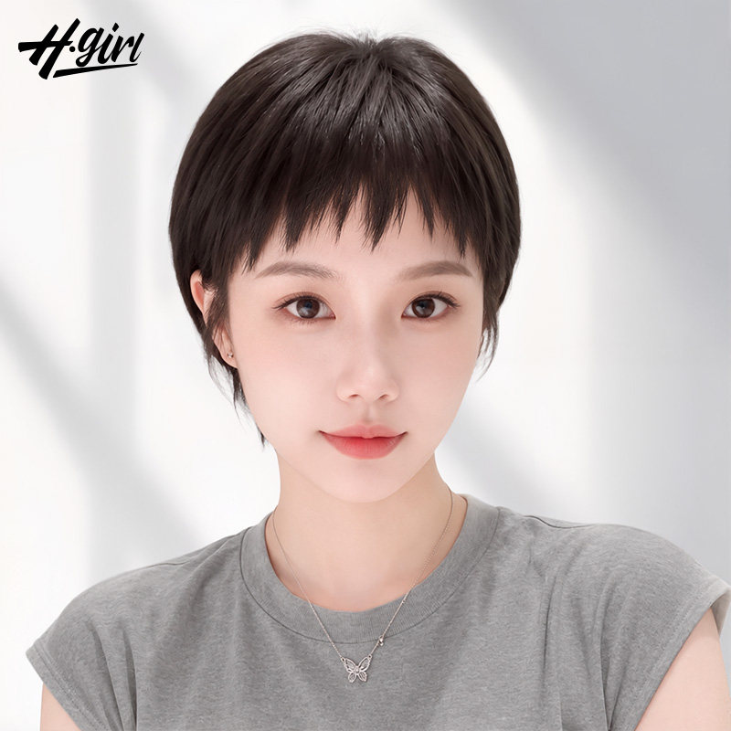 狗啃刘海短发假发女全头套真人发丝中老年妈妈款新款自然假发套
