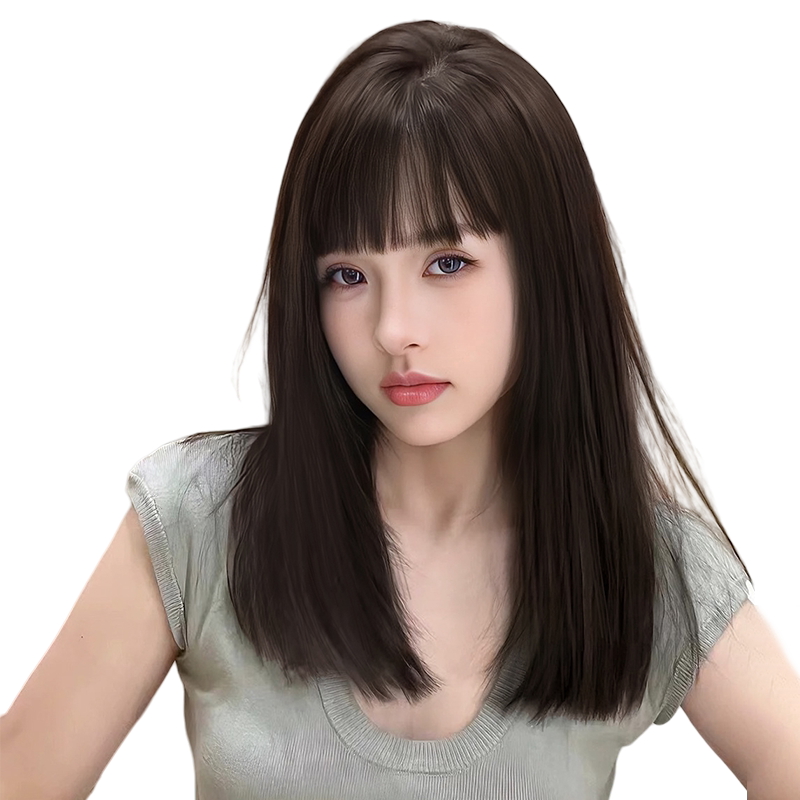 漫画刘海锁骨发假发女中长发真发全真人发丝头套自然递针假发套