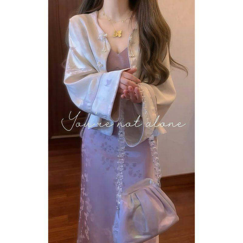 2026春季新中式外套女超好看复古盘扣新国风上衣女紫色吊带裙套装