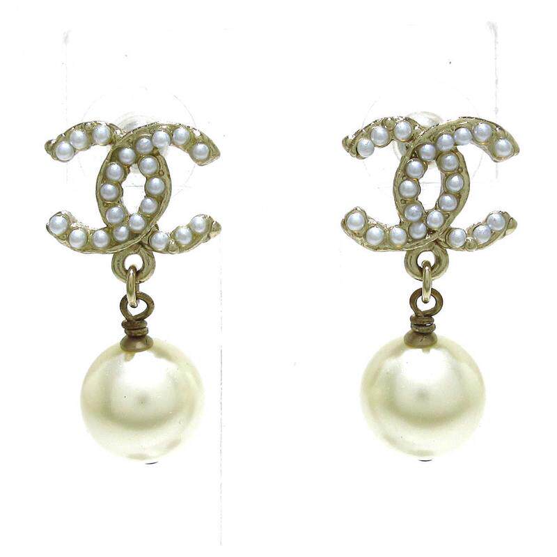 中古香奈儿9新双C Logo珍珠耳钉耳环35757576