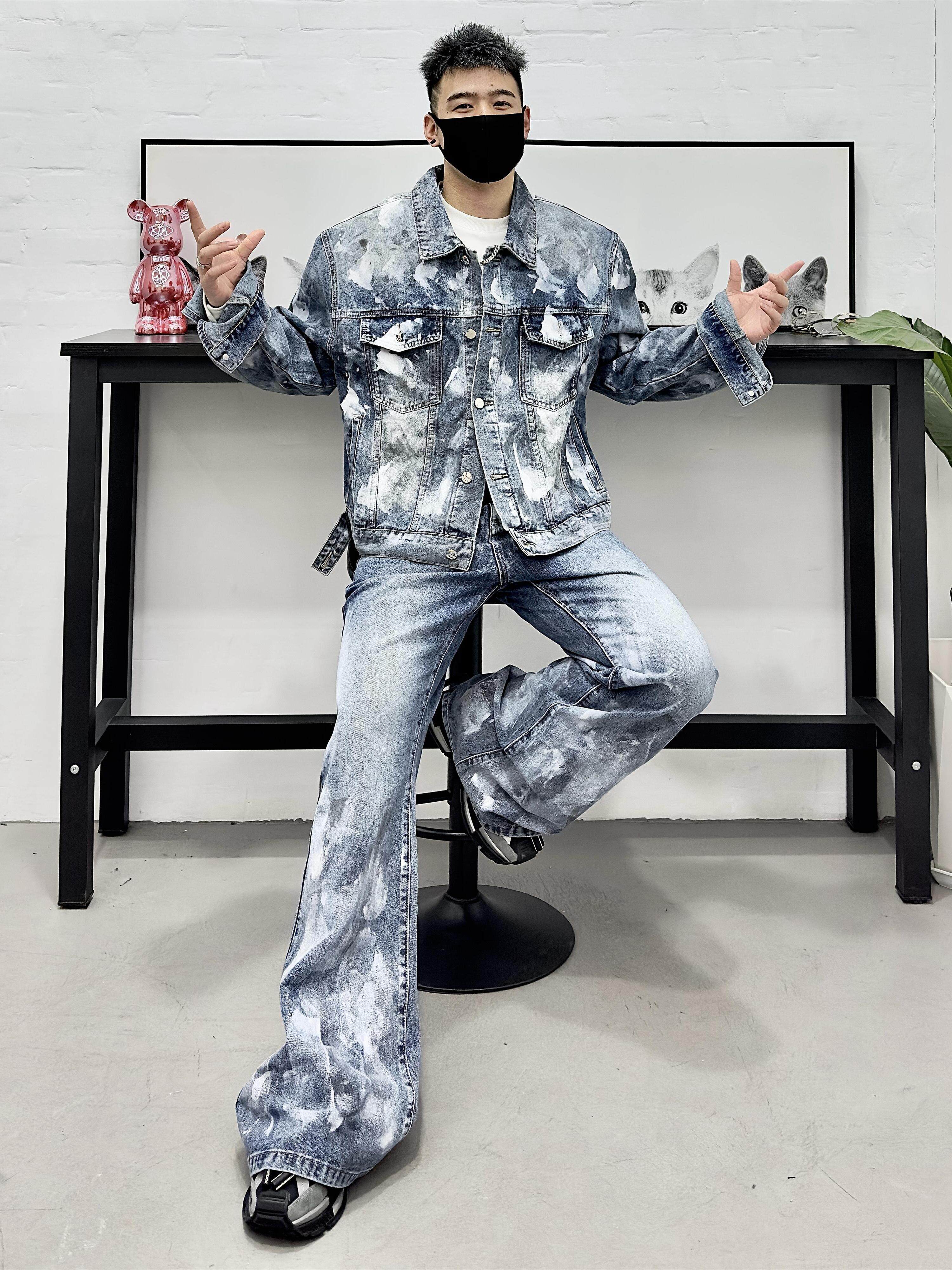 TRENDY DENIM SUIT MENS HIGH-END INS HANDSOME HIGH-STREET STYLE PAINTED DISTRESSED PADDED SHOULDER JACKET AND WIDE-LEG PANTS