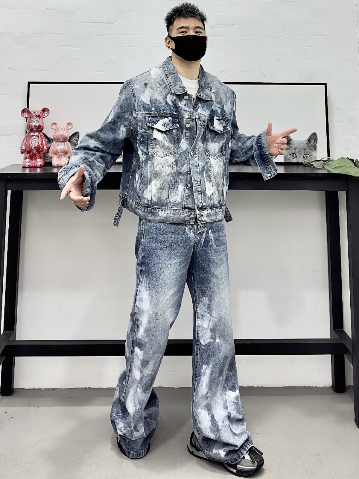 TRENDY DENIM SUIT MENS HIGH-END INS HANDSOME HIGH-STREET STYLE PAINTED DISTRESSED PADDED SHOULDER JACKET AND WIDE-LEG PANTS