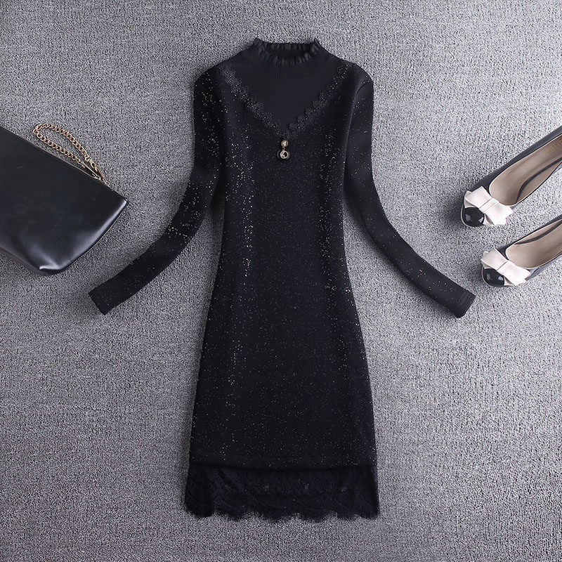 时尚加绒加厚蕾丝打底衫女秋冬修身长袖中长款2020新款潮内搭上衣