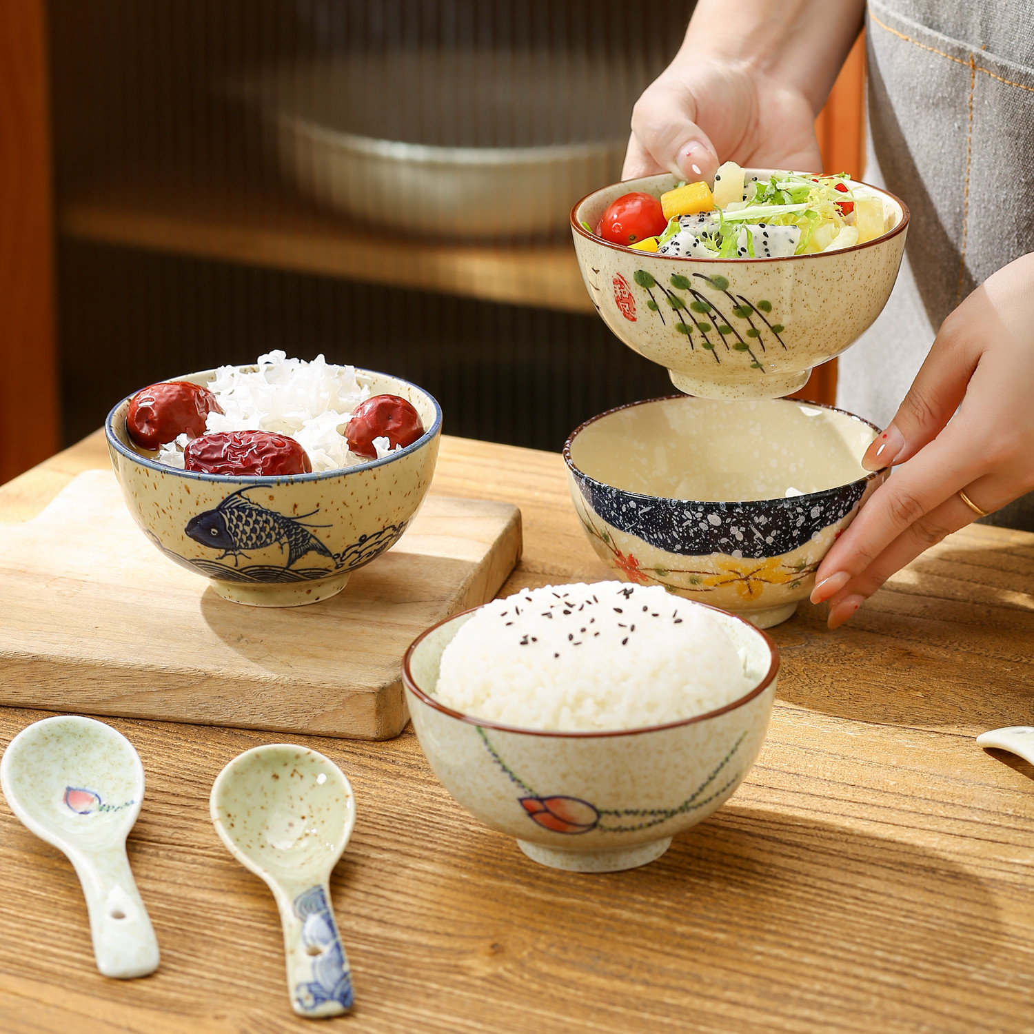 中式复古饭碗套装陶瓷碗吃饭碗家用2024新款釉下彩米饭碗小碗,餐饮具,碗,淘宝优惠券,粉丝福利购,淘宝优惠卷