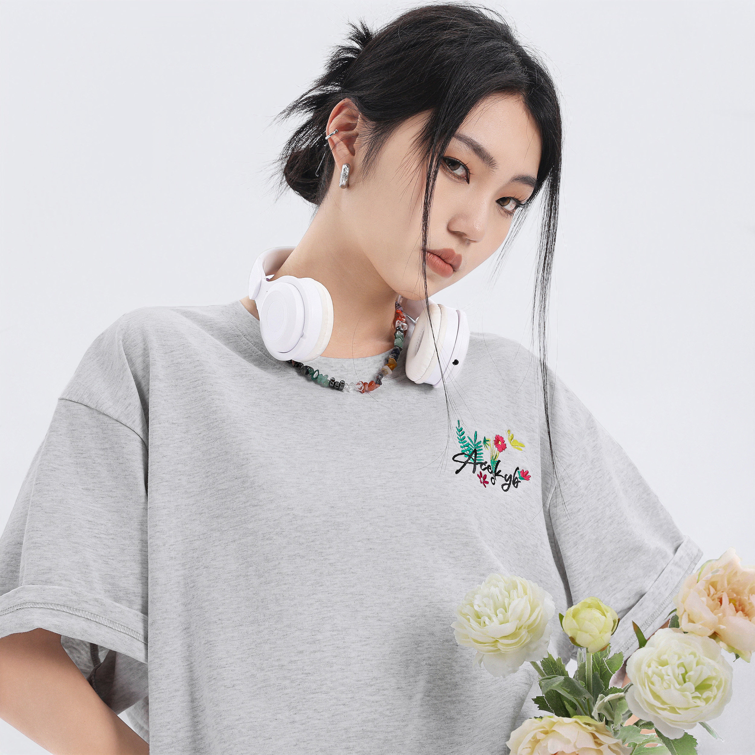 YKYB黄子韬 320g重磅纯棉刺绣花卉设计Logo美式基础短袖T恤夏季