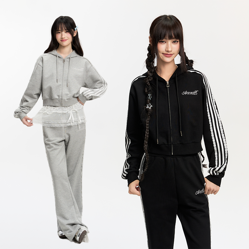 YKYB黄子韬 卫衣蕾丝侧边短款连帽上衣微喇休闲裤时尚套装女秋冬